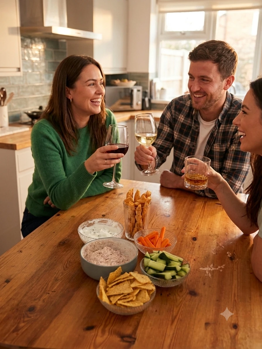 Dips, crisps and cut vegetables laid out on a kitchen table with a glass of wine
