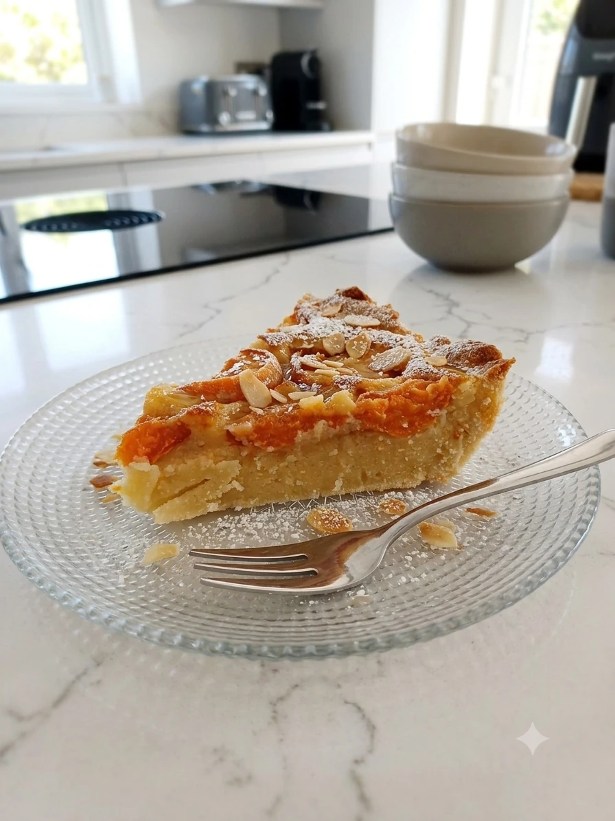 Slice of apricot and almond tart on a glass plate