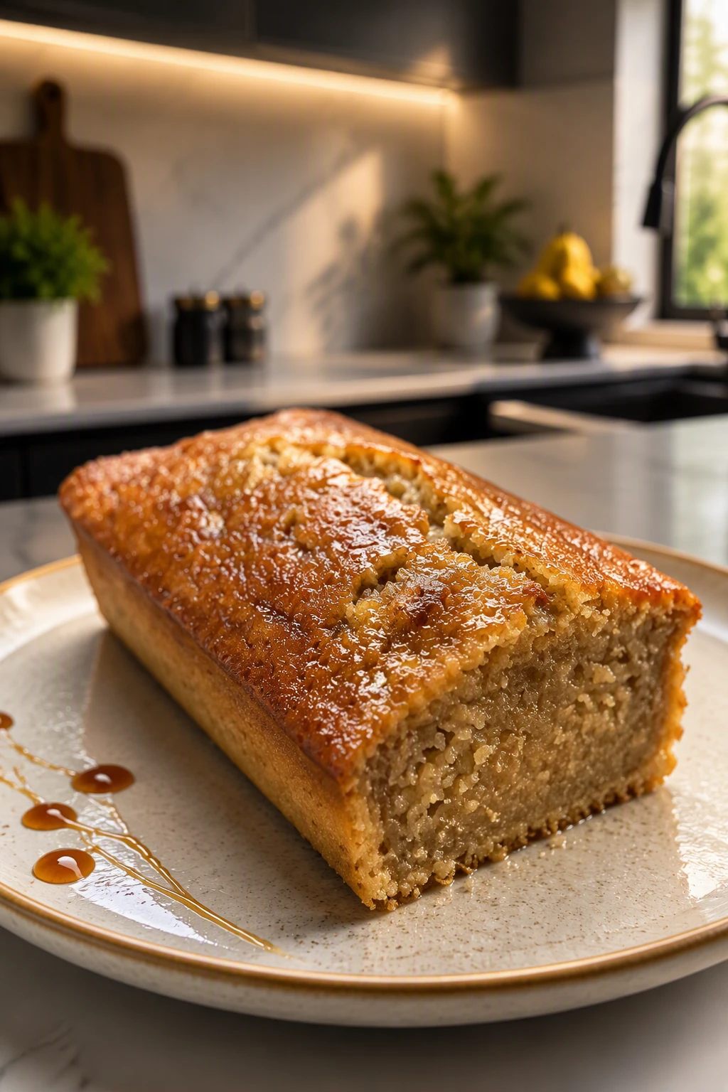 Glazed banana cake, one thick slice cut off