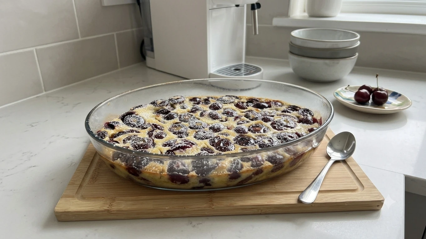 Cherry clafoutis fresh out of the oven on a wooden board
