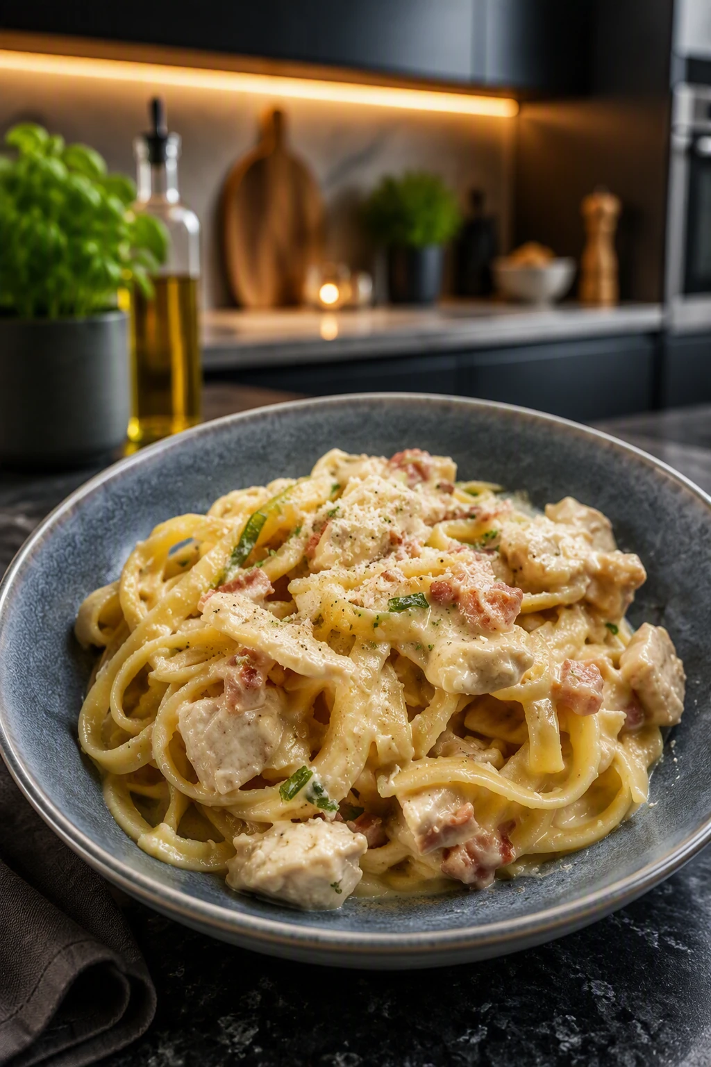 Bowl of chicken and bacon tagliatelle in a cream sauce