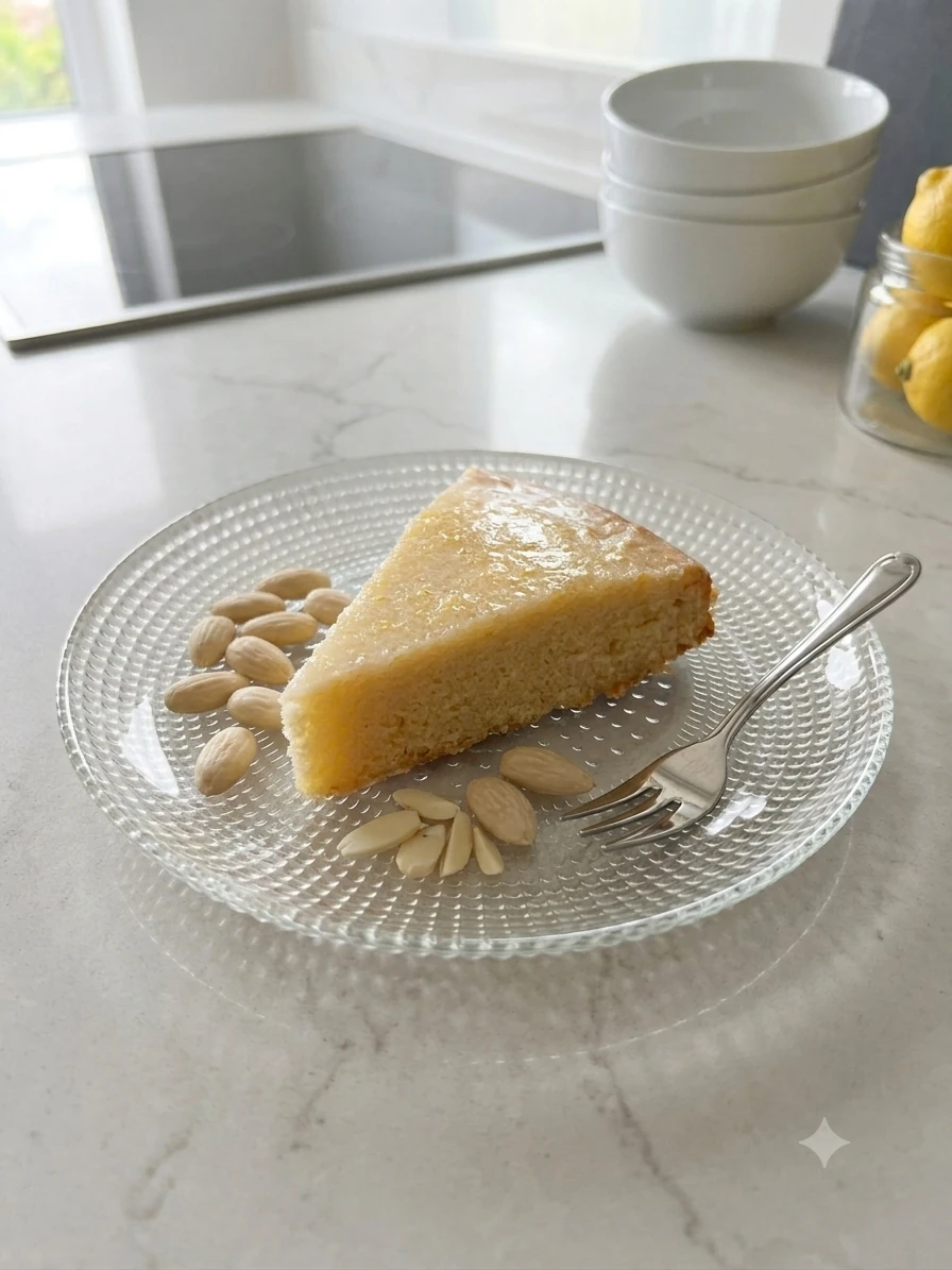 Slice of gâteau nantais with almonds on a glass plate