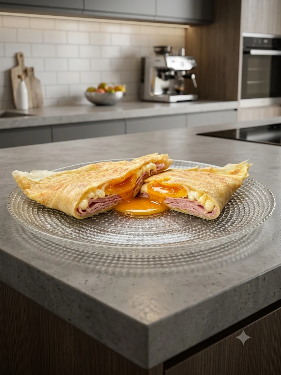 Savoury crêpe folded around ham and a soft egg yolk