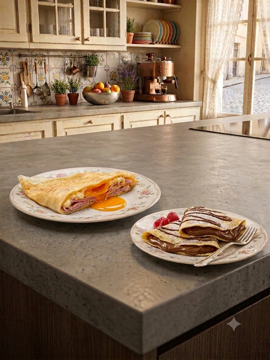 Savoury and sweet crêpes side by side on a kitchen counter