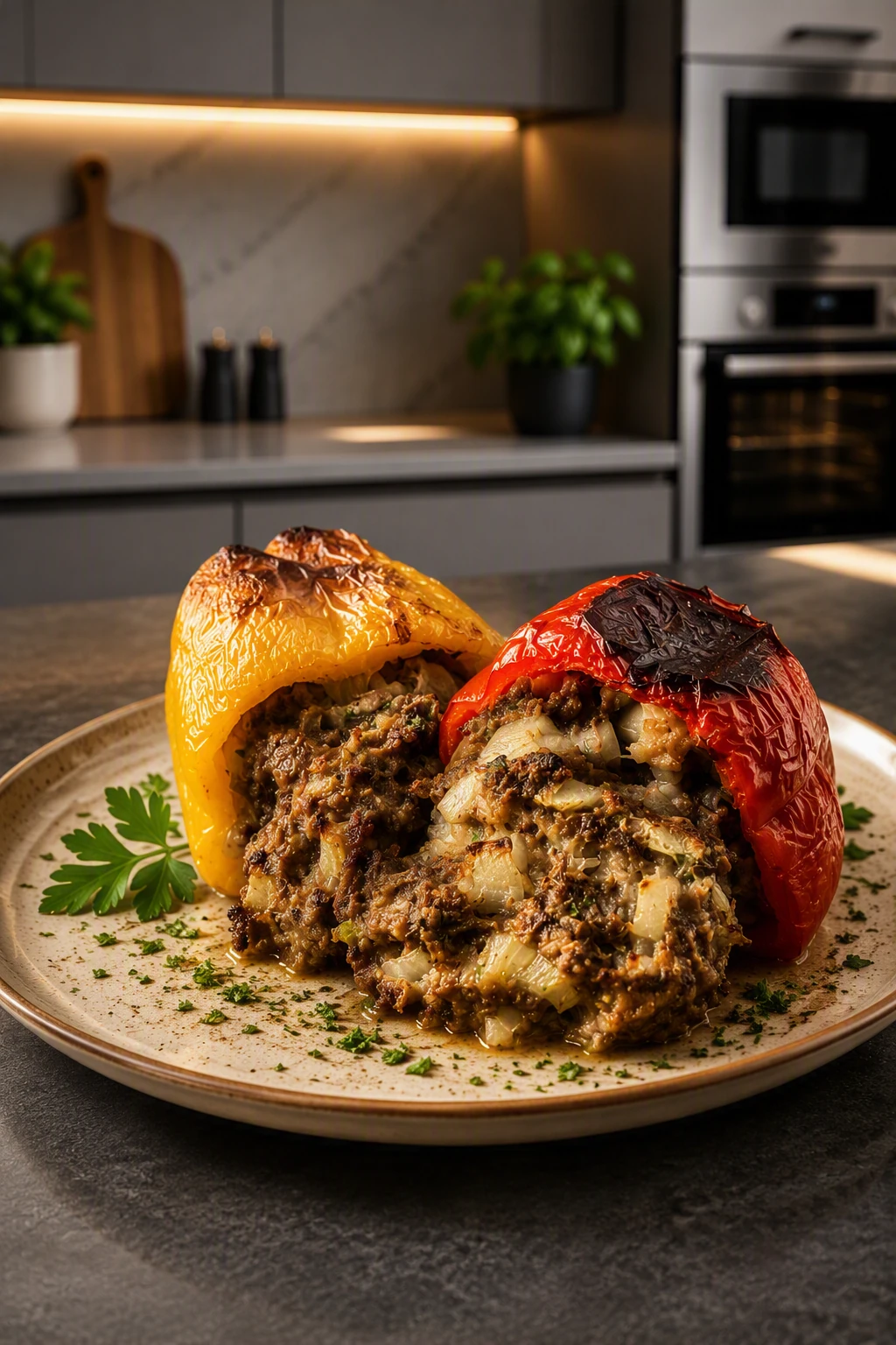 Stuffed peppers, roasted and cut open, on a plate