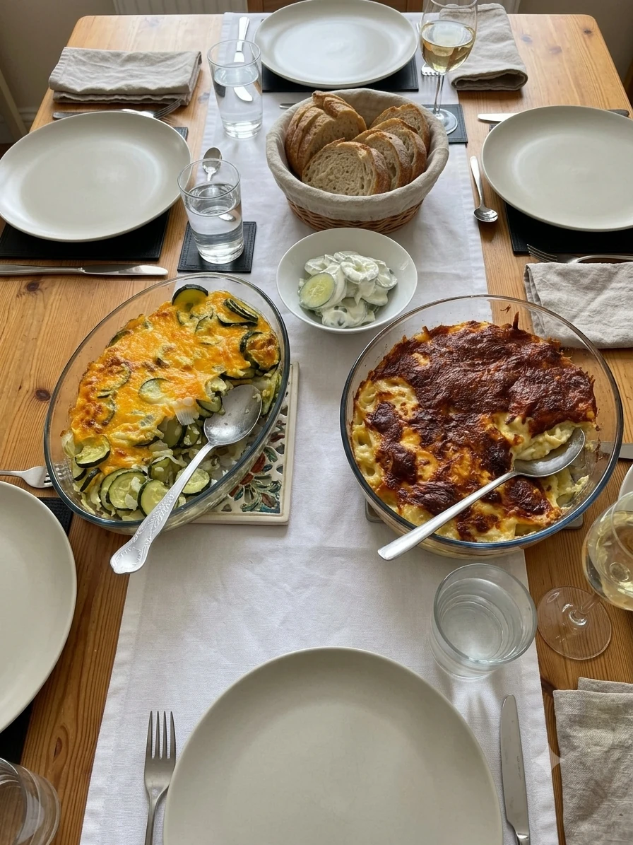 A long table laid for a meal, gratins and creamy cucumber salad in the middle