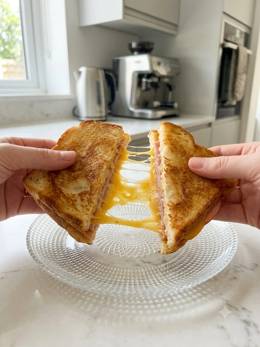Hands pulling a toastie apart, melted cheese stretching between the halves